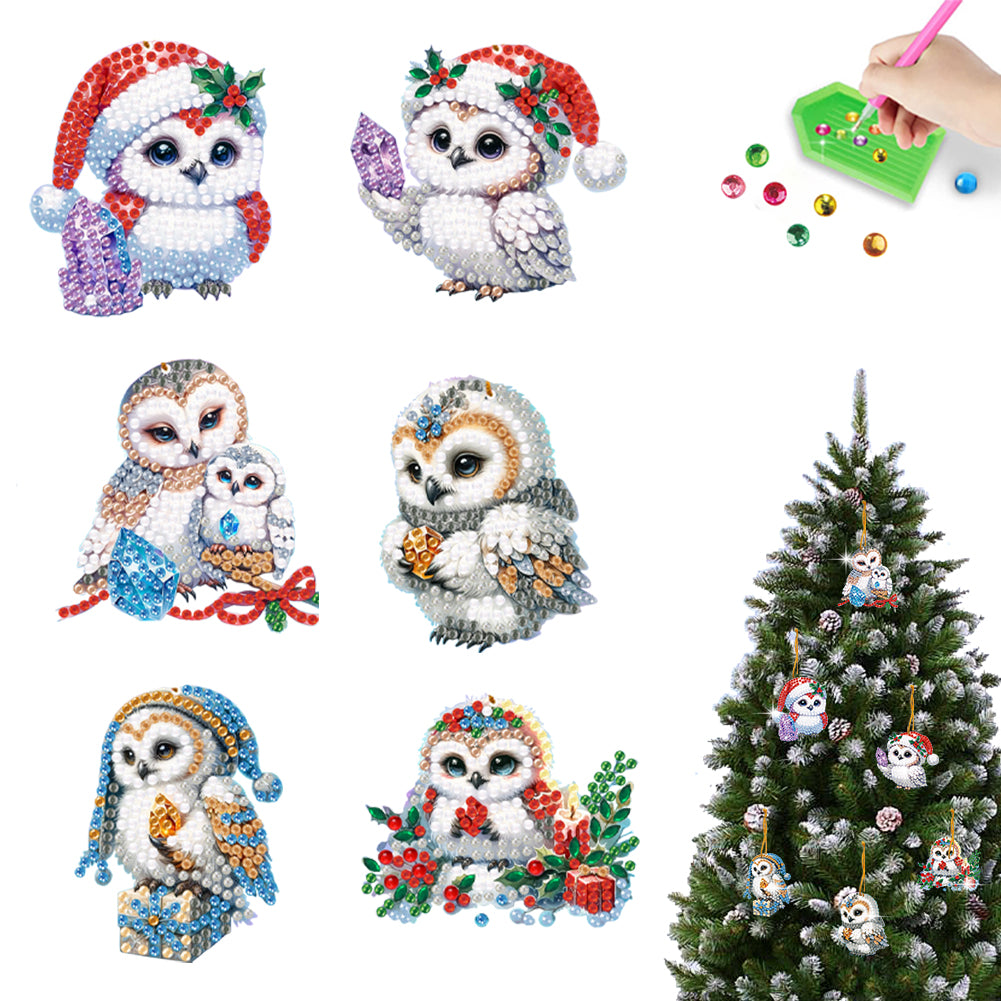 6pcs Xmas Owl 2D Flat DIY Diamond Painting Art Pendant Wall Door Decoration Christmas