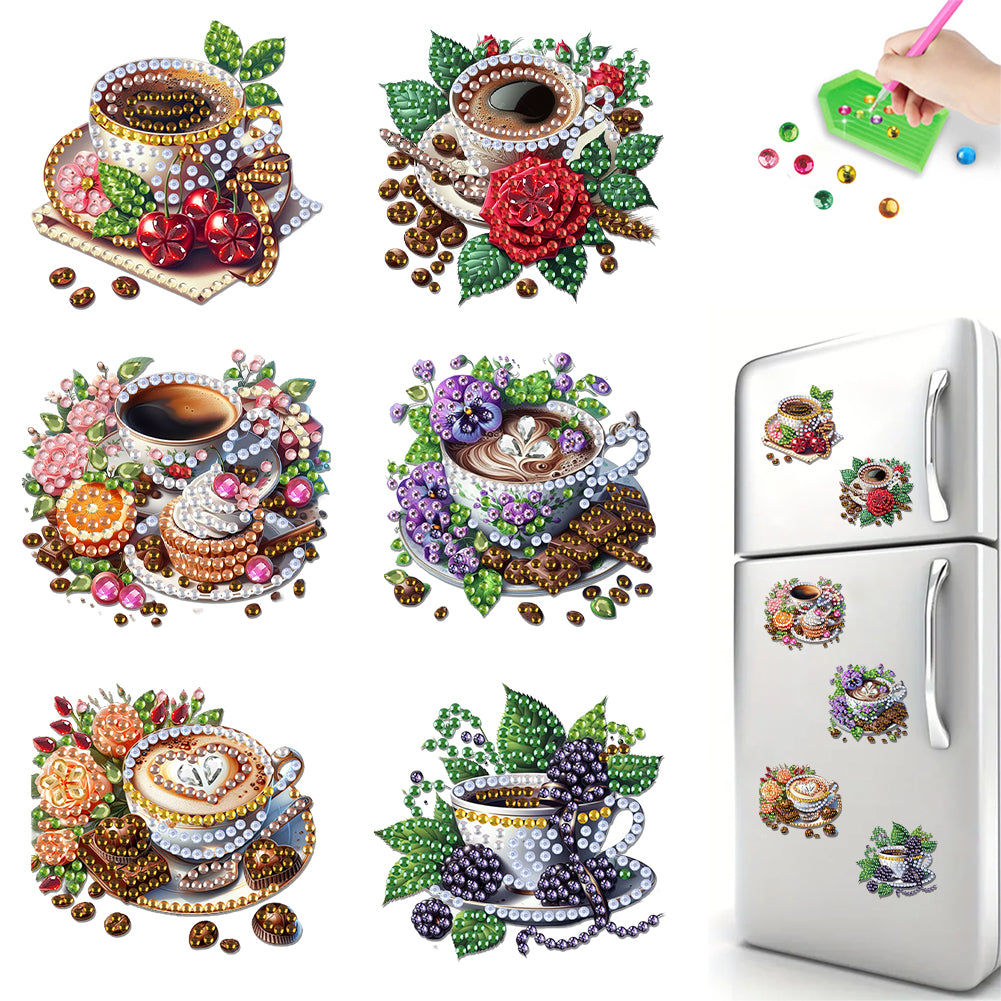 6Pcs Acrylic 2D Flat DIY Coffee Afternoon Tea Diamond Painting Fridge Stickers