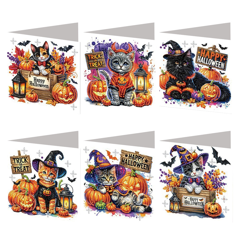 6PCS DIY Halloween Cat Diamond Art Greeting Cards Congratulations Cards & Gifts