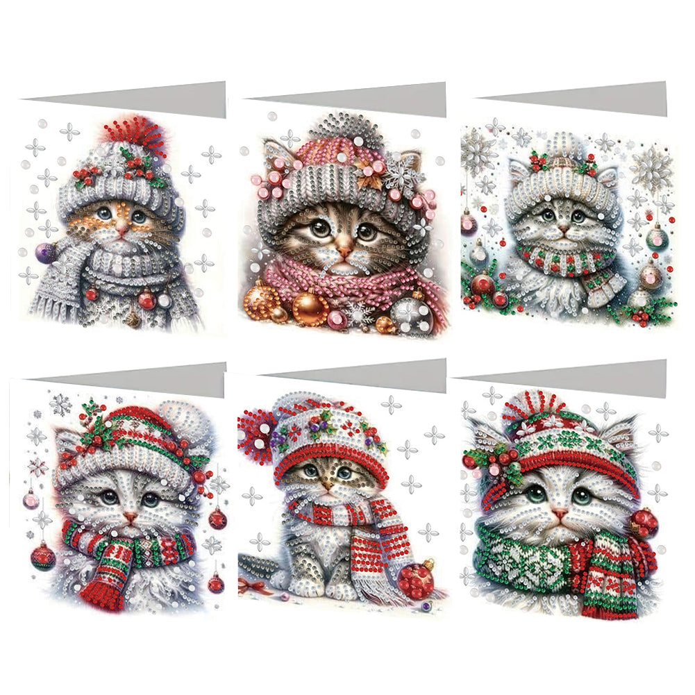6PCS DIY Christmas Cat Diamond Art Greeting Cards Congratulations Cards & Gifts