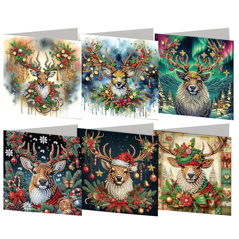 6PCS DIY Christmas Elk Diamond Art Greeting Cards Congratulations Cards & Gifts