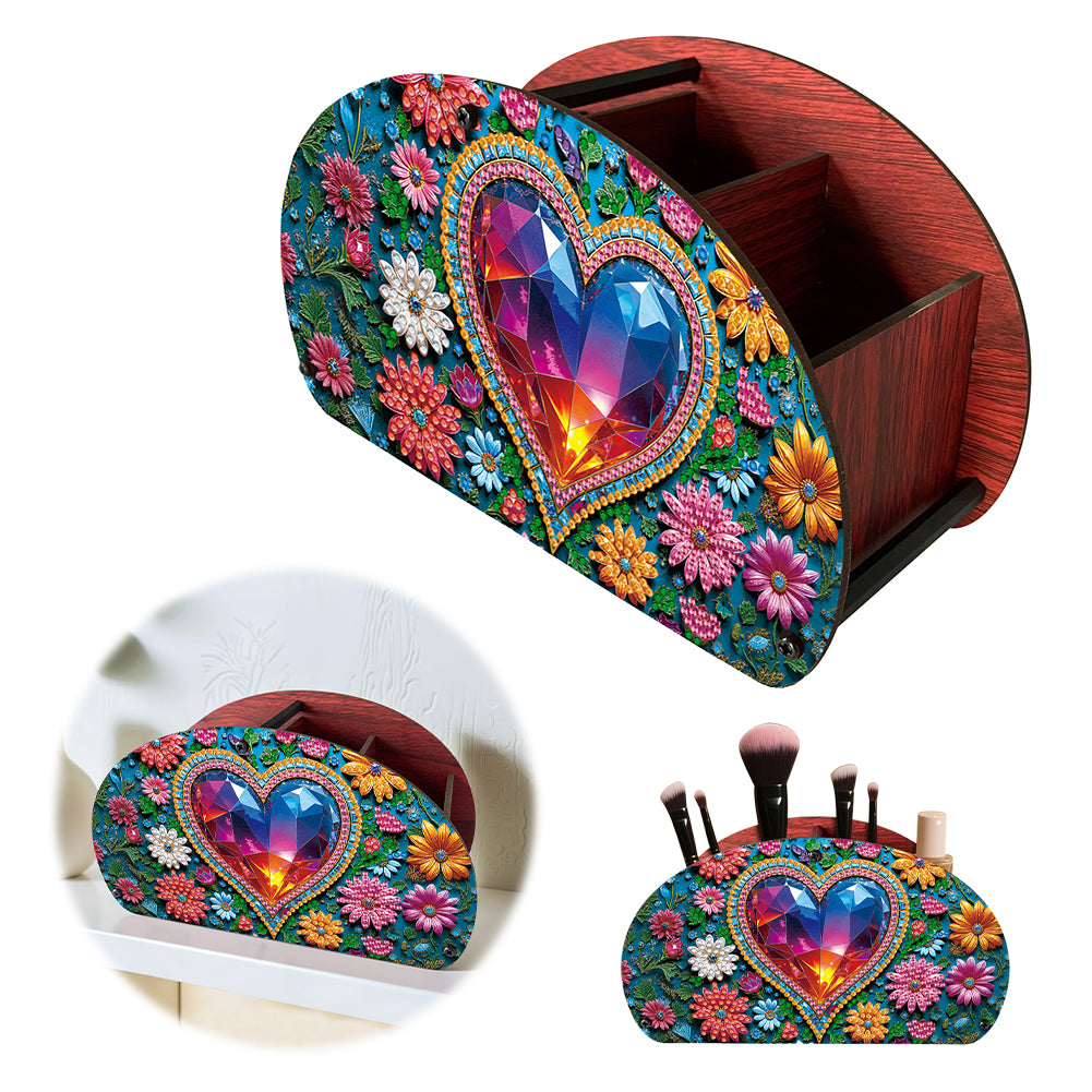 DIY Love Flower Design Wooden Diamond Painting Makeup Brush Storage Box Kit