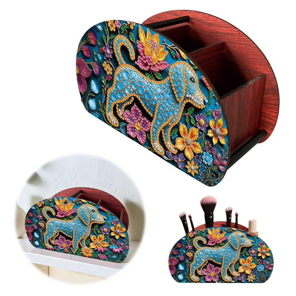 DIY Blue Puppy Design Wooden Diamond Painting Makeup Brush Storage Box Organizer