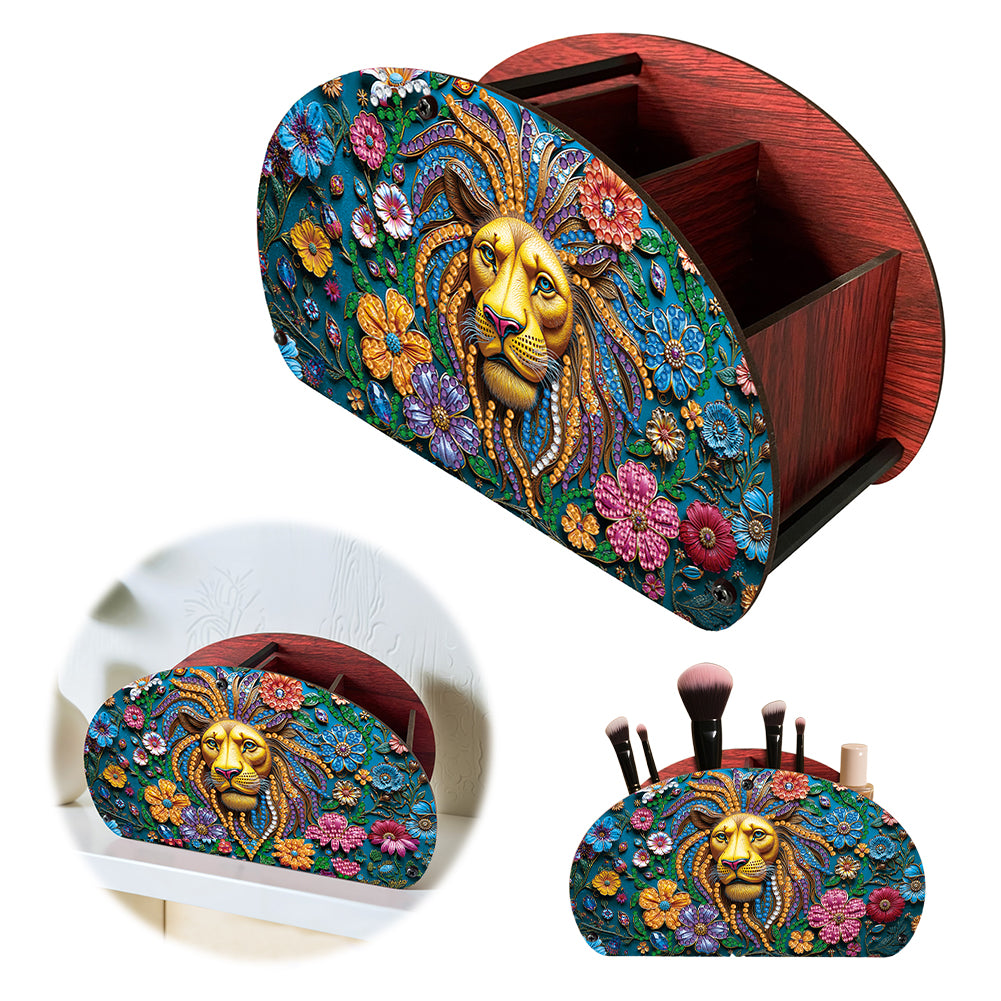 DIY Gem Lion Design Wooden Diamond Painting Makeup Brush Storage Box Organizer