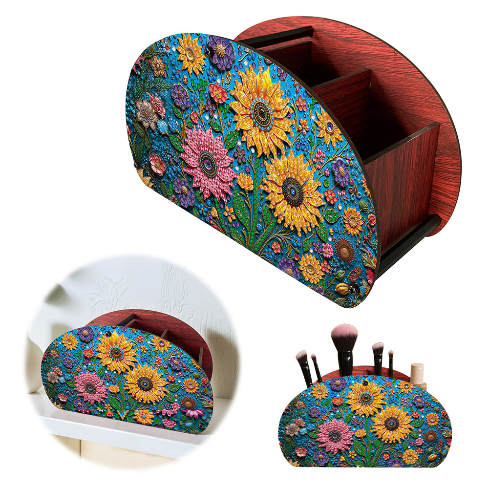 DIY Sunflower Design Wooden Diamond Painting Makeup Brush Storage Box Organizer