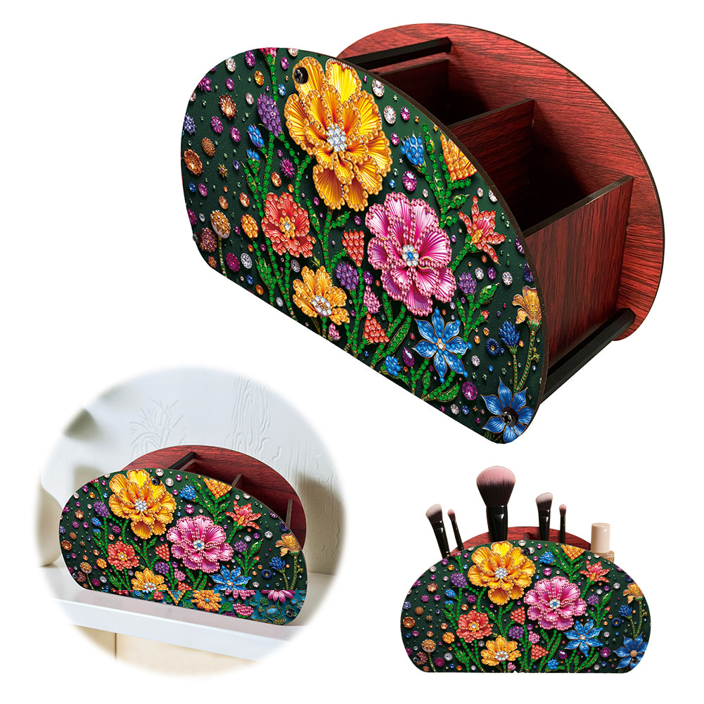 DIY Flower Design Wooden Diamond Painting Makeup Brush Storage Box Organizer