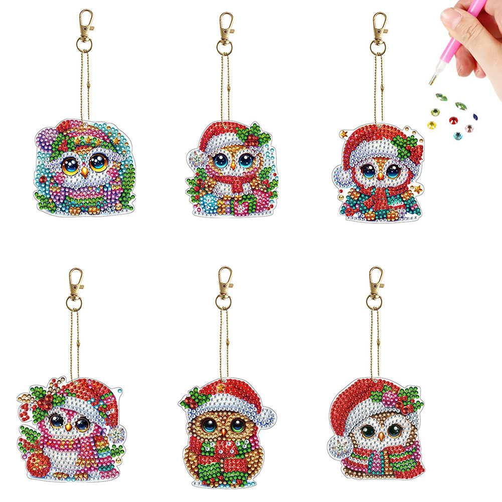 6Pcs Double Sided Christmas Owl Diamond Painting Art Keychains Handmade Crafts