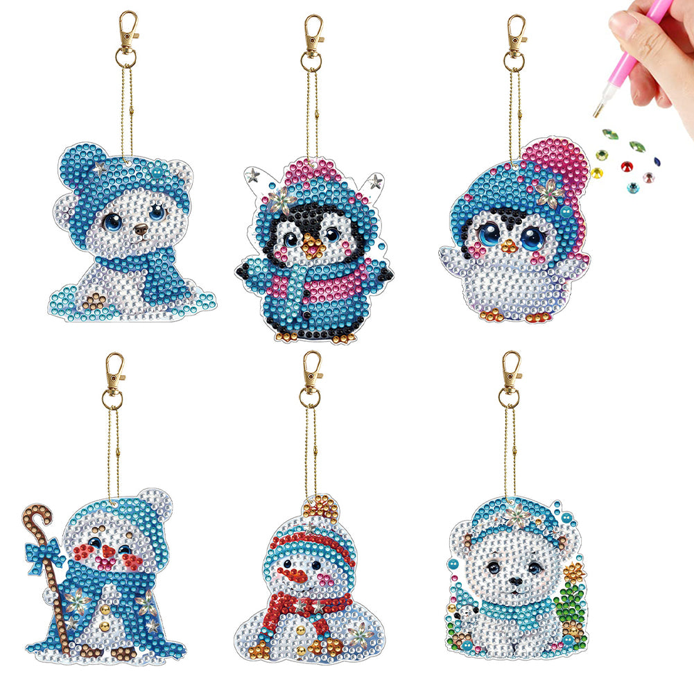 6Pcs Double Sided Winter Snowman Penguin Polar Bear Diamond Art Keychains