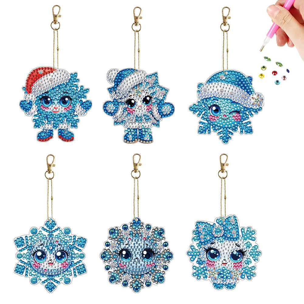 6Pcs Double Sided Winter Snowflake Doll Diamond Art Keychains Handmade Crafts