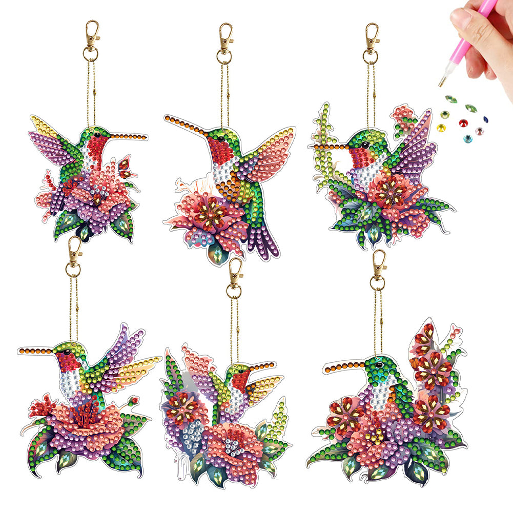 6Pcs Double Sided Hummingbird Holding A Flower Diamond Art Keychains Crafts