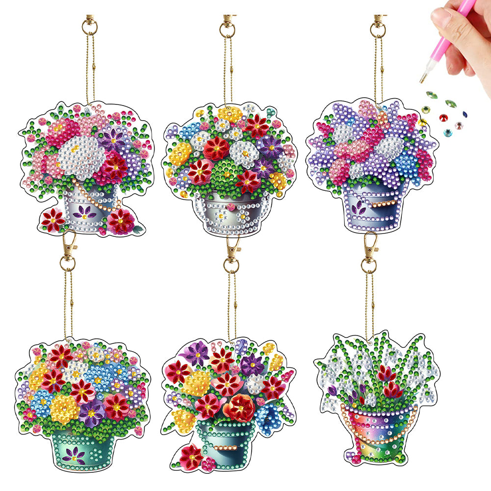 6Pcs Double Sided Bucket Flowers Diamond Painting Art Keychains Handmade Crafts