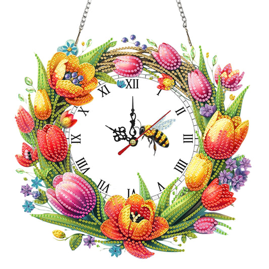 2D Flat DIY Tulips Diamond Clock Art Pendant Home Wall Decoration Crafts