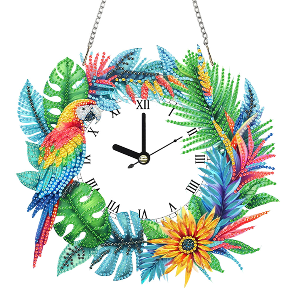 2D Flat DIY Parrot Wreath Diamond Clock Art Pendant Home Wall Decoration Crafts
