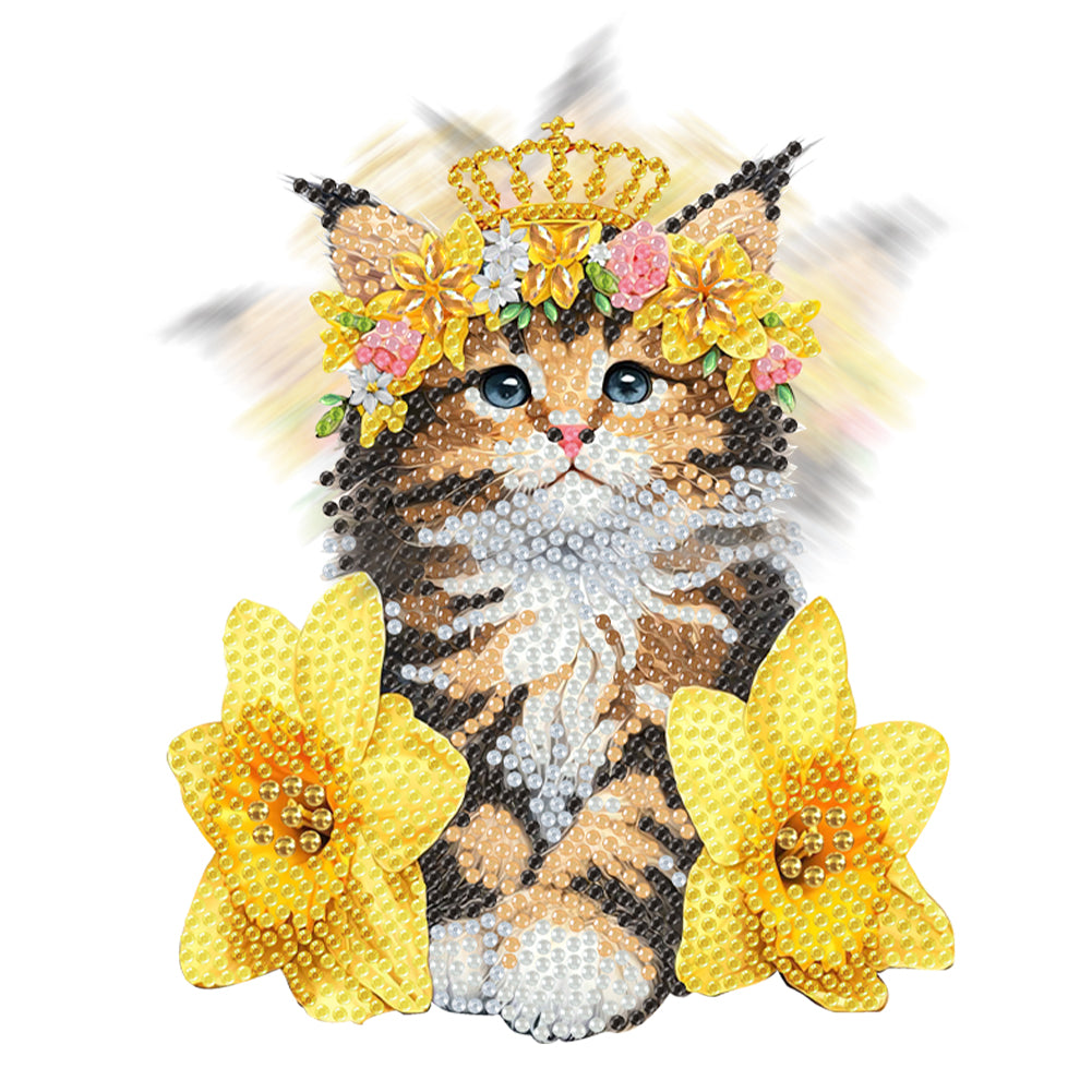 2D Flat Cat DIY Shaking Head Cat Yellow Flower Diamond Painting Desktop Decor