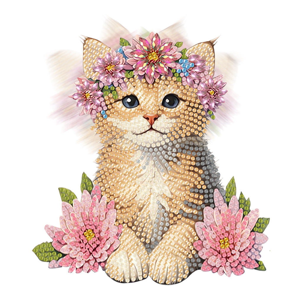 2D Flat Cat DIY Shaking Head Cat Pink Flower Diamond Painting Desktop Decoration