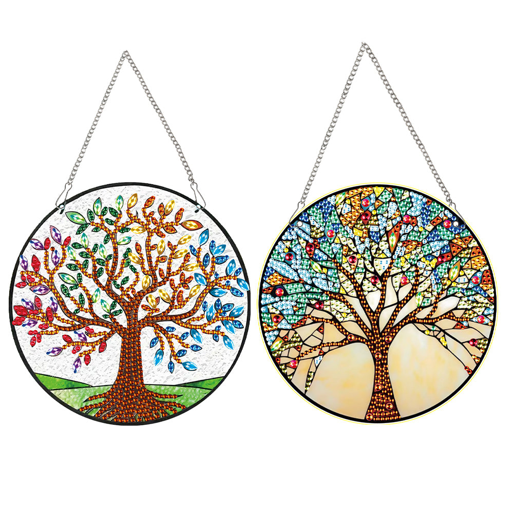 2pcs Tree of Life Theme 2D Flat DIY Diamond Art Pendant Decor for Home & Windows