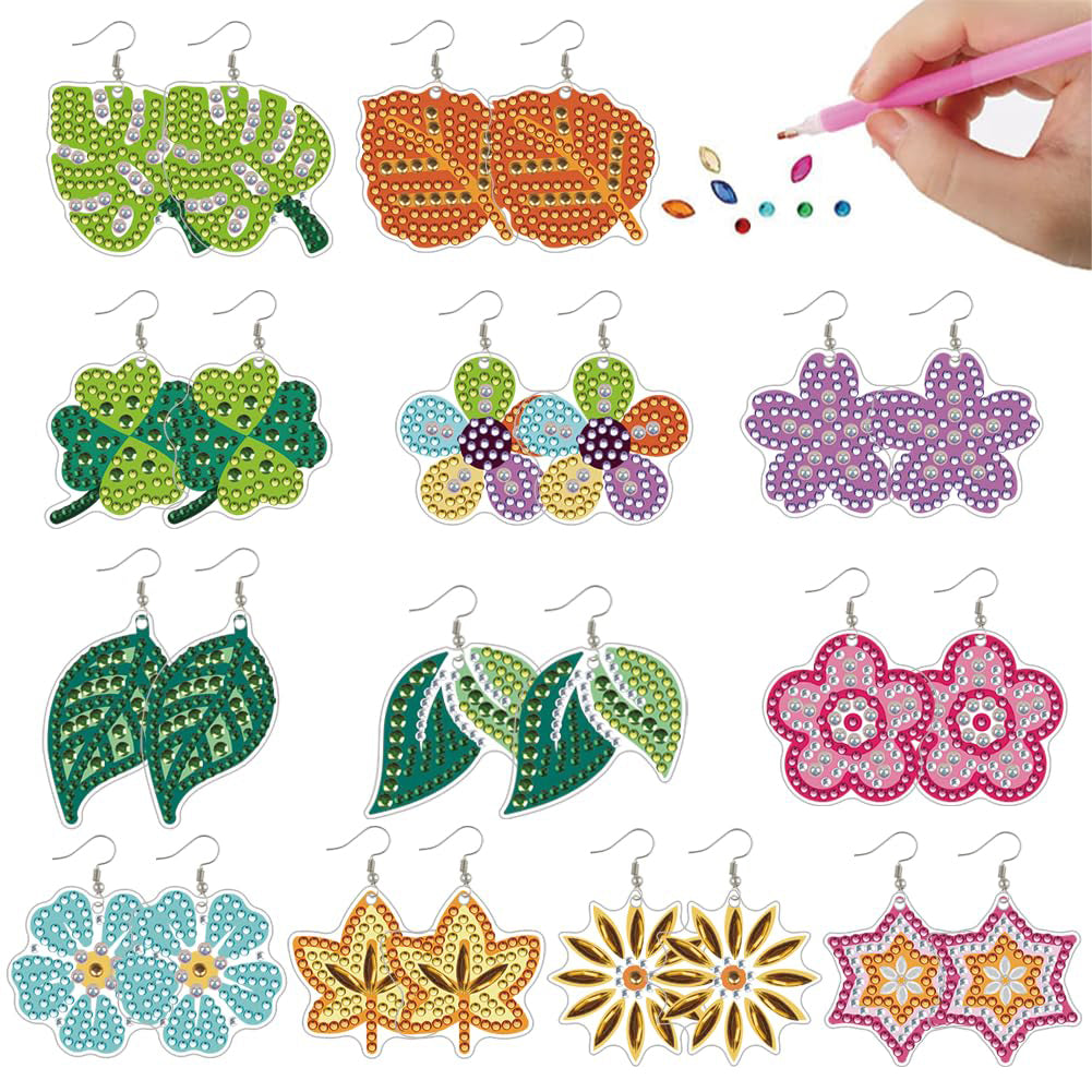 12 Pairs Leaves DIY Diamond Art Earrings Double Sided Diamond Painting Earrings