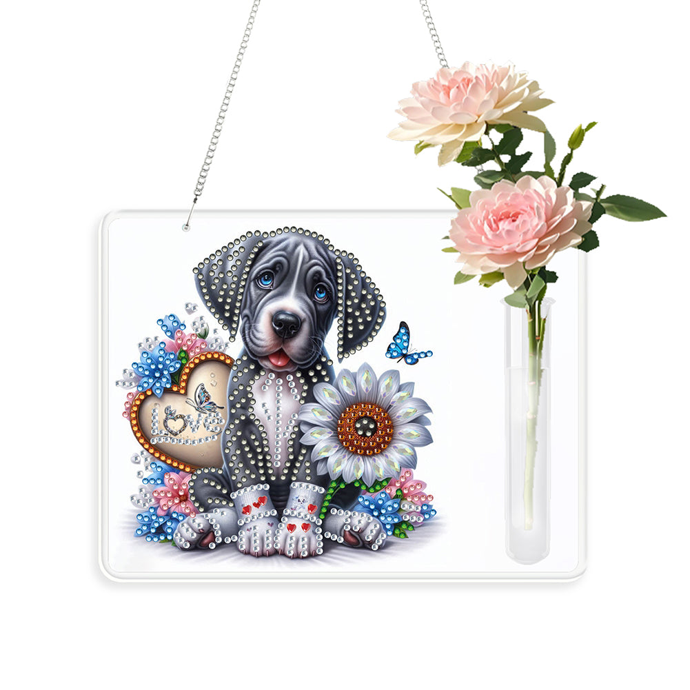 Dog and Flower 2D Flat Acrylic Wall Tube Vase Diamond Painting Hanging Ornament