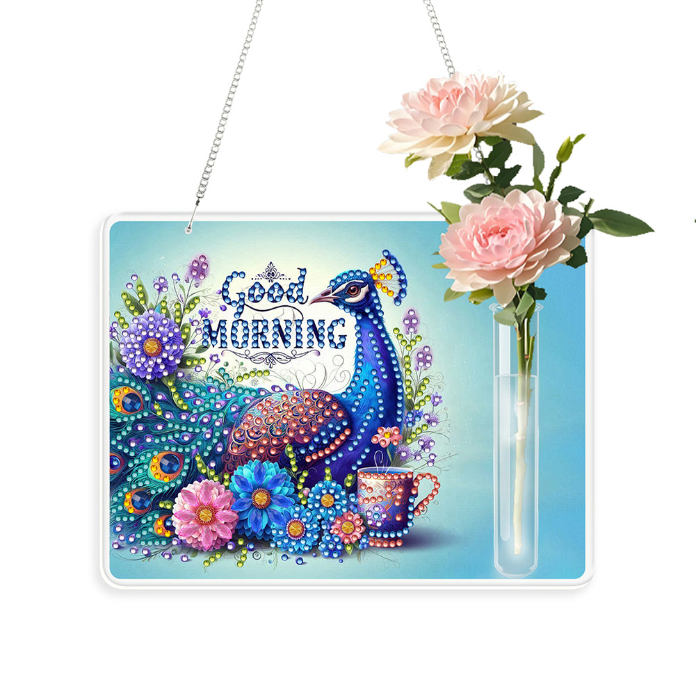 Peacock 2D Flat Acrylic Wall Tube Vase Diamond Painting Hanging Ornament Crafts