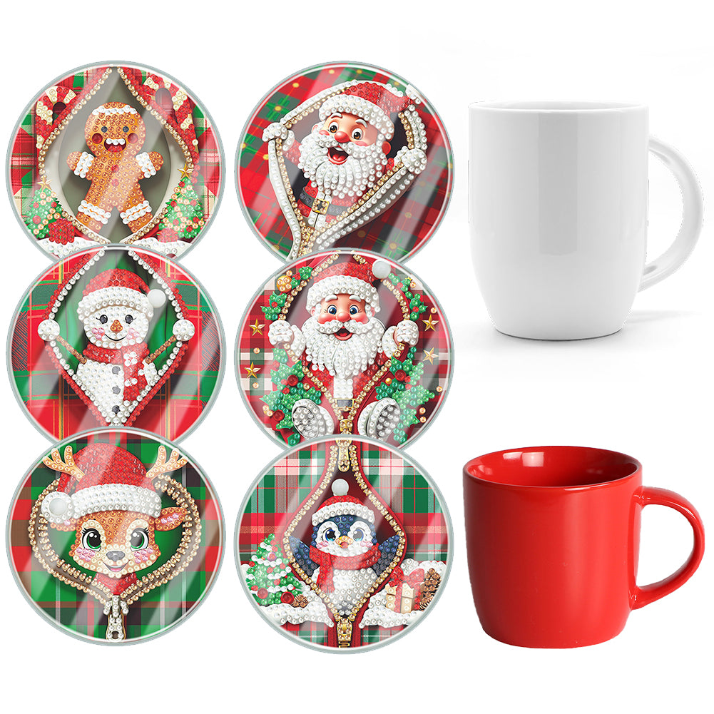 6pcs Set Xmas Theme DIY Diamond Painting Coasters Kit with Holder for Craft Gift Christmas