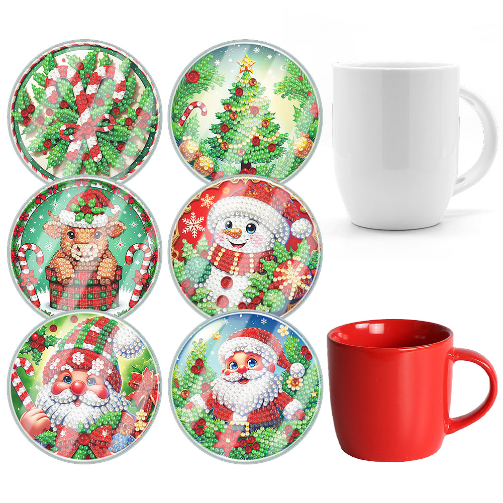 6pcs Set Xmas Theme DIY Diamond Painting Coasters Kit with Holder for Craft Gift Christmas