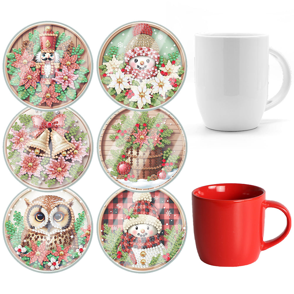 6pcs Set Xmas Theme DIY Diamond Painting Coasters Kit with Holder for Craft Gift Christmas
