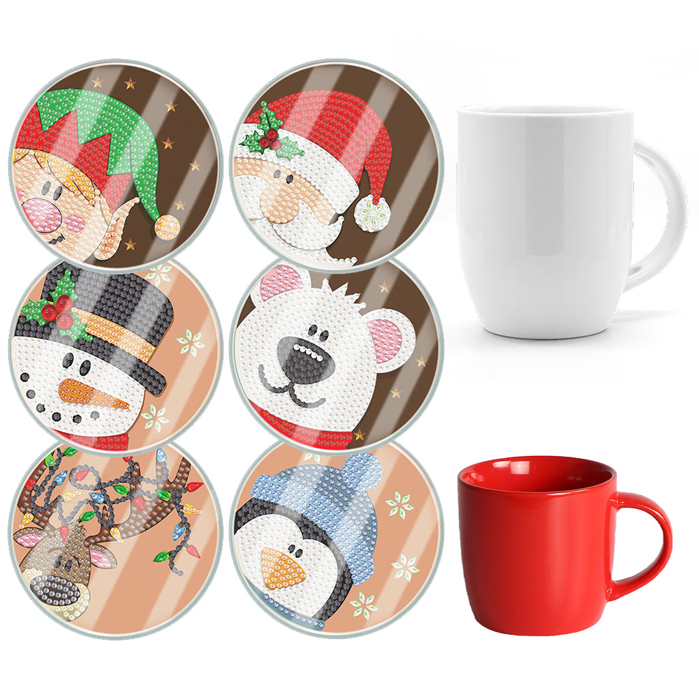 6pcs Set Xmas Theme DIY Diamond Painting Coasters Kit with Holder for Craft Gift Christmas