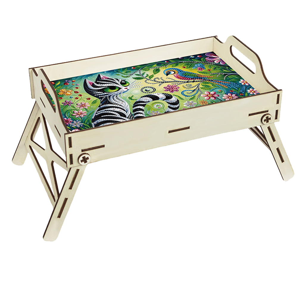 5D DIY Kitten Diamond Painting Wooden Serving Tray with Handle for Coffee Table