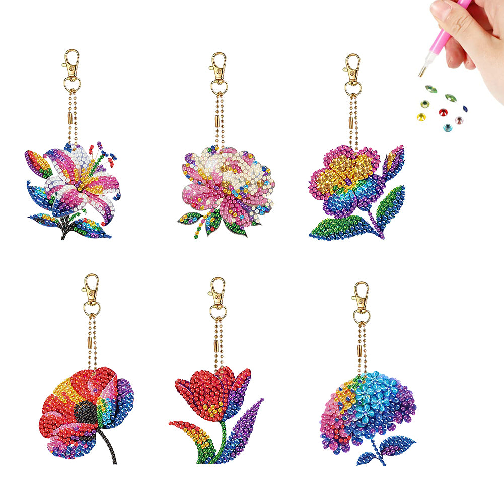 6PCS 2D Flat Flowers DIY Diamond Painting Keychain Double Sided Drill Keyrings