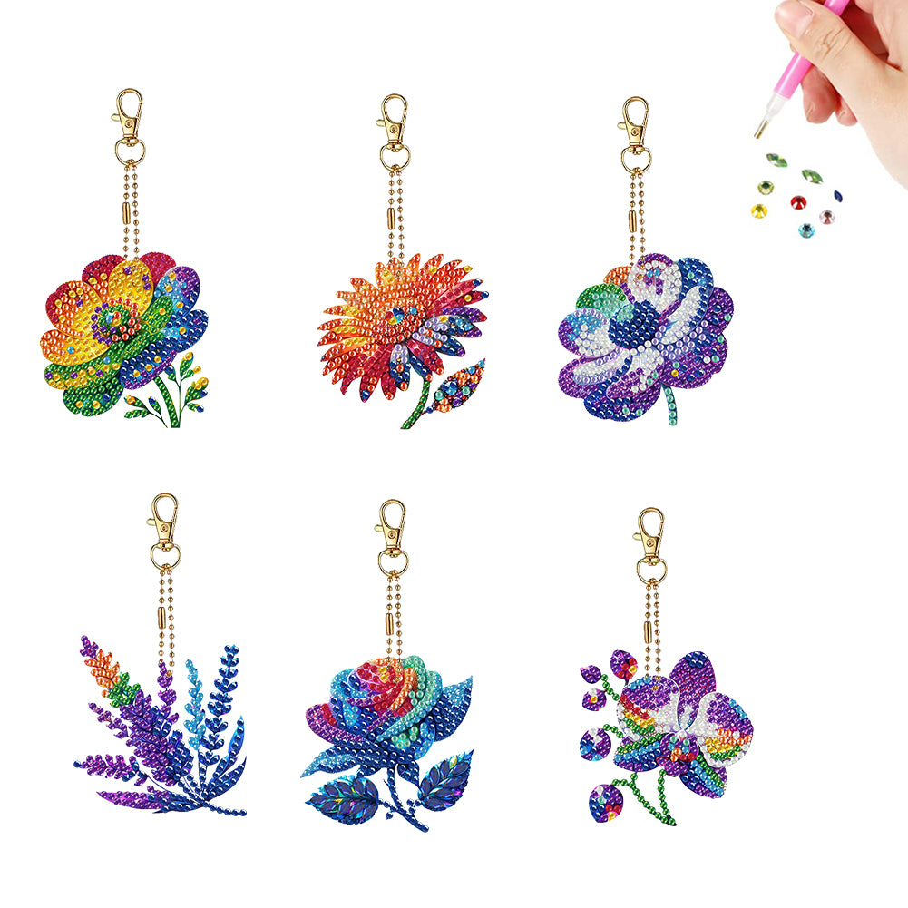 6PCS 2D Flat Colored Flowers DIY Diamond Painting Keychain Diamond Art Kits