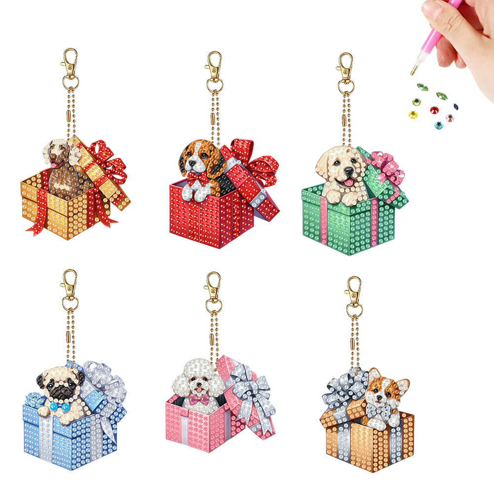 6PCS 2D Flat Gift Dogs DIY Diamond Painting Keychain Diamond Art Kits Keyrings