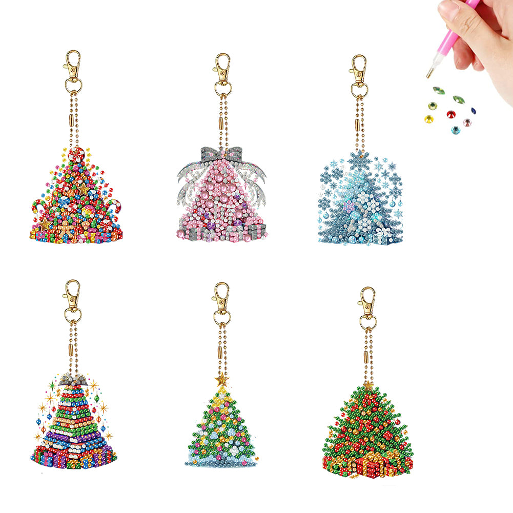 6PCS 2D Flat Christmas Tree DIY Diamond Painting Keychain Diamond Art Keyrings