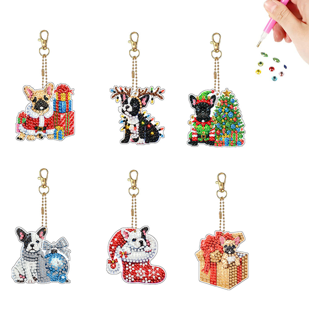 6PCS 2D Flat Christmas Dogs DIY Diamond Painting Keychain Diamond Art Keyrings