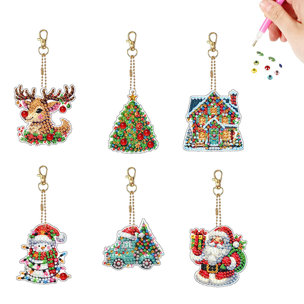 6PCS 2D Flat Christmas DIY Diamond Painting Keychain Diamond Art Kits Keyrings