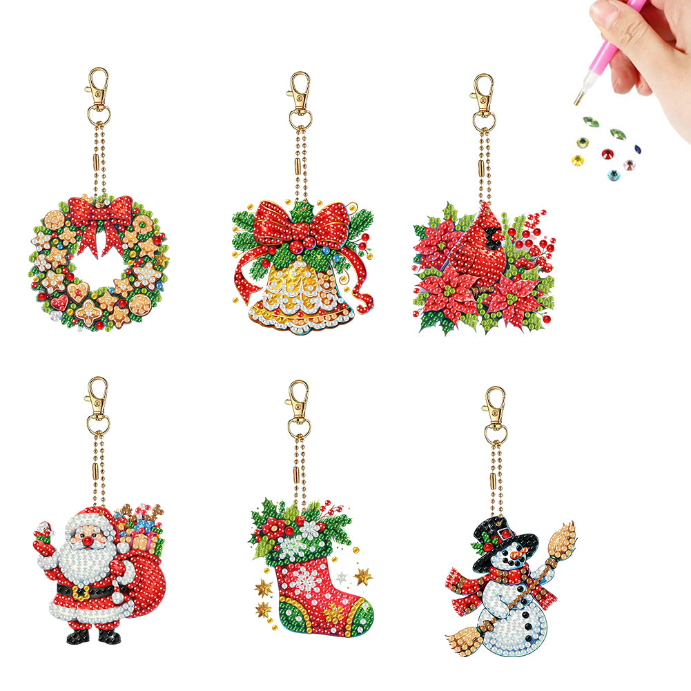 6PCS 2D Flat Merry Christmas DIY Diamond Painting Keychain Diamond Art Kits