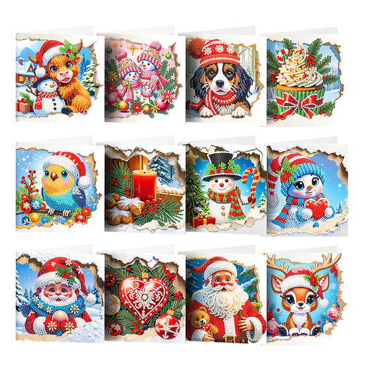 12PCS DIY Xmas Pattern Rhinestone Diamond Art Mosaic Postcards for Celebrations Christmas