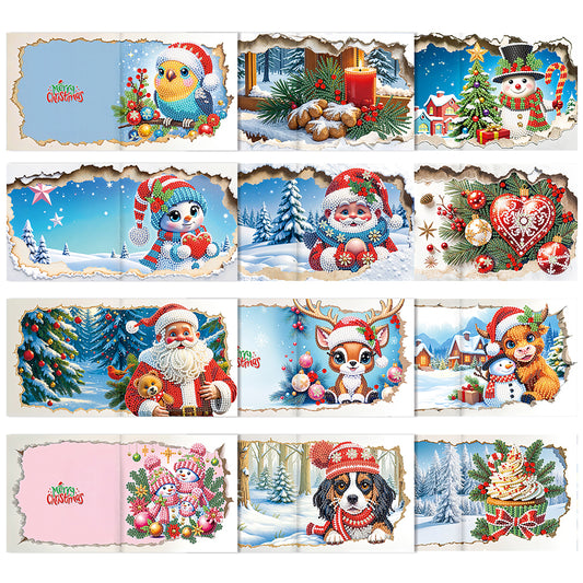 12PCS DIY Xmas Pattern Rhinestone Diamond Art Mosaic Postcards for Celebrations Christmas