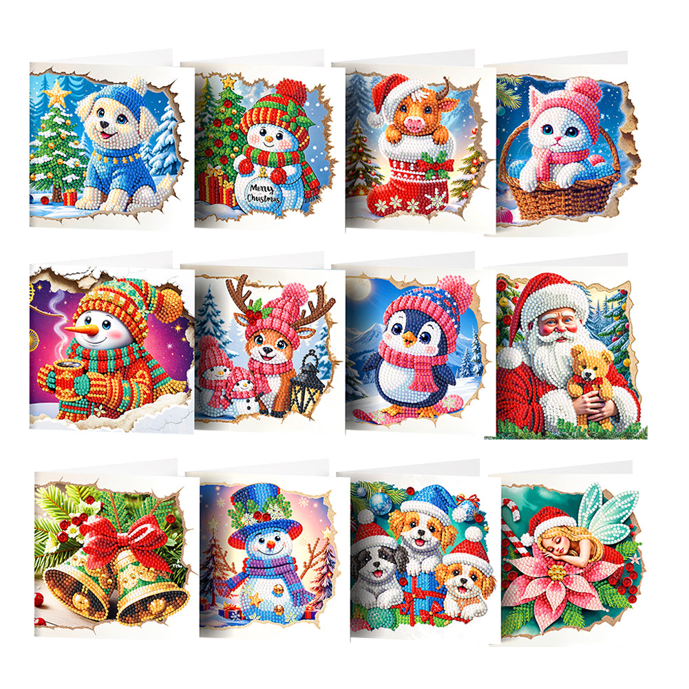 12PCS DIY Xmas Pattern Rhinestone Diamond Art Mosaic Postcards for Celebrations Christmas