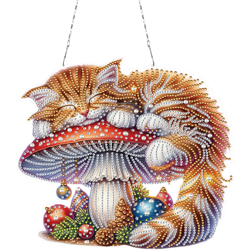 2D Flat DIY Diamond Art Pendant Window Hanging Art for Home Decor (Mushroom Cat)