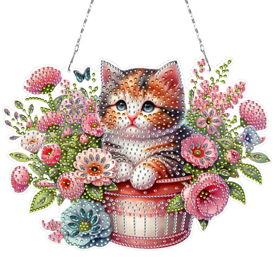 2D Flat DIY Diamond Art Pendant Window Hanging Art Home Decor (Flower Pot Cat)