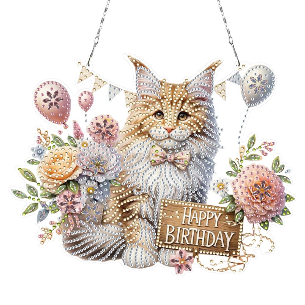 2D Flat DIY Diamond Art Pendant Window Hanging Art for Home Decor (Happy Cat)