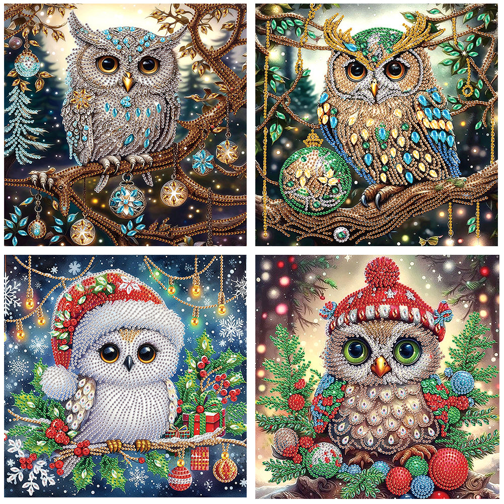 4pcs Diamond Painting - Partial Special Shaped - Christmas Owl (30*30CM)