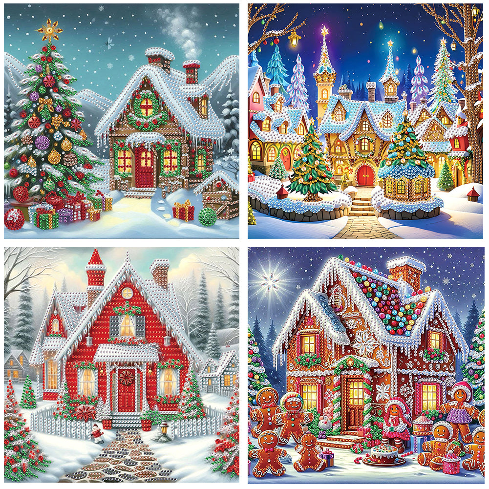 4pcs Diamond Painting - Partial Special Shaped - Christmas House (30*30CM)