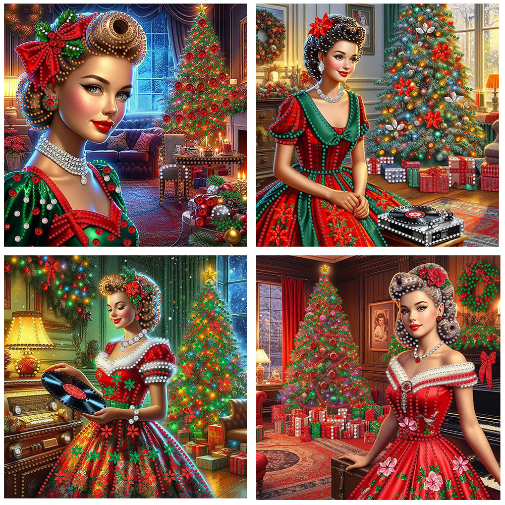 4pcs Diamond Painting - Partial Special Shaped - Christmas Lady (30*30CM)