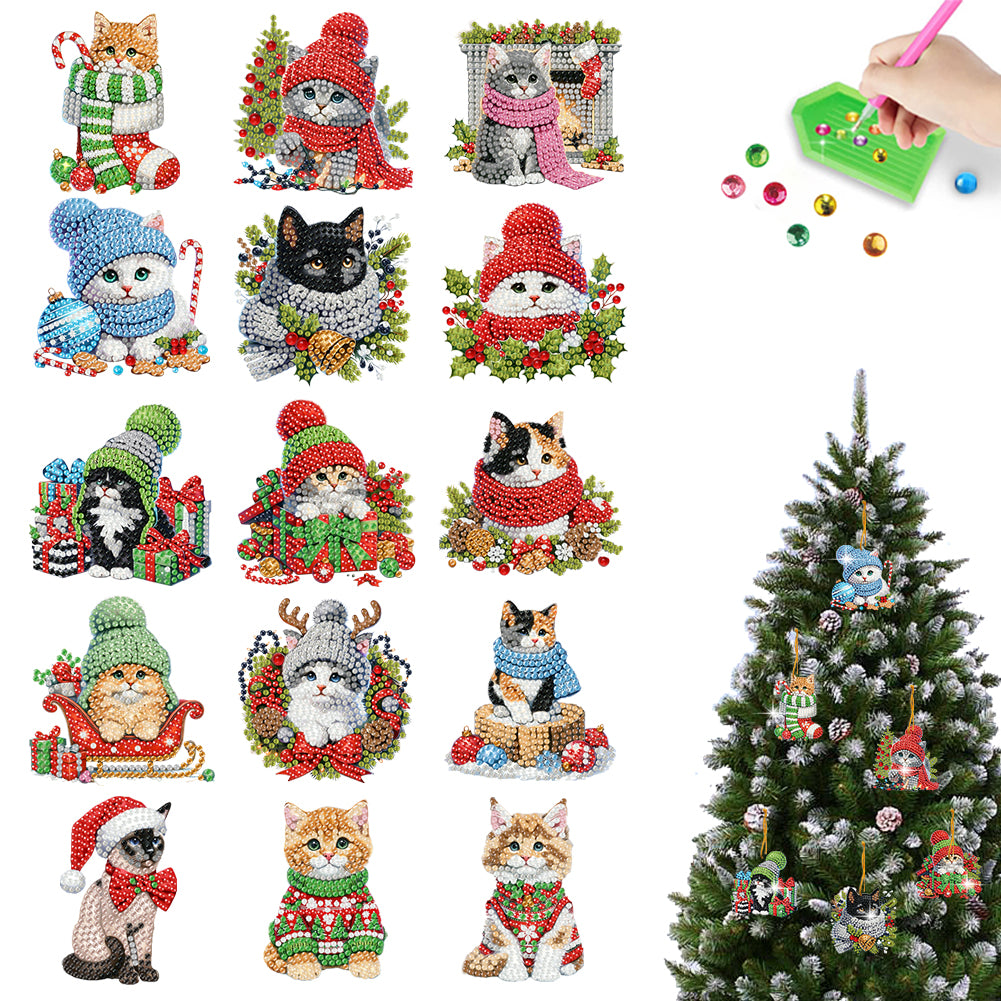 15pcs Xmas Cat Theme 2D Flat DIY Hanging Diamond Art Kits Home Wall Decoration Christmas