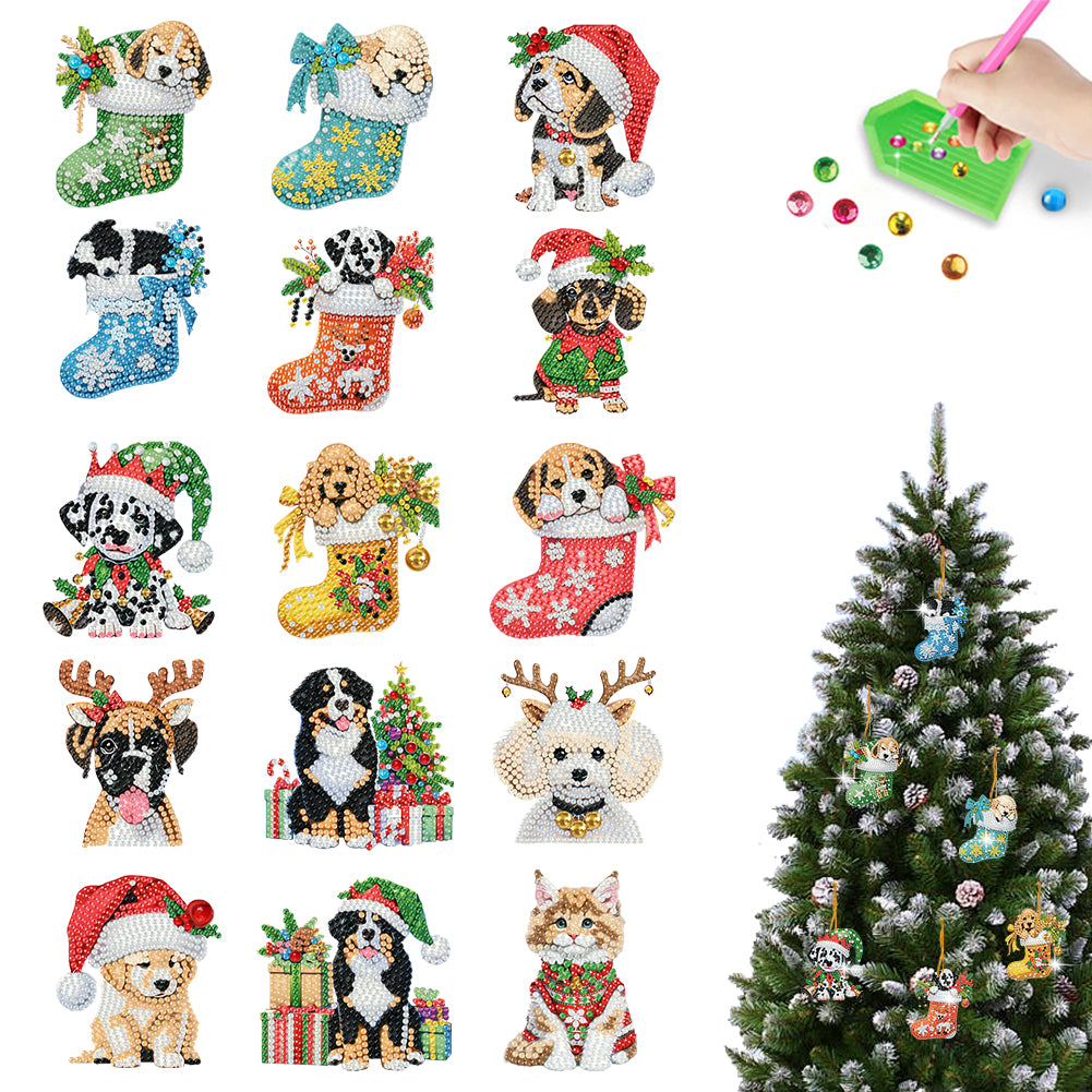 15pcs Xmas Dog Theme 2D Flat DIY Hanging Diamond Art Kits Home Wall Decoration Christmas