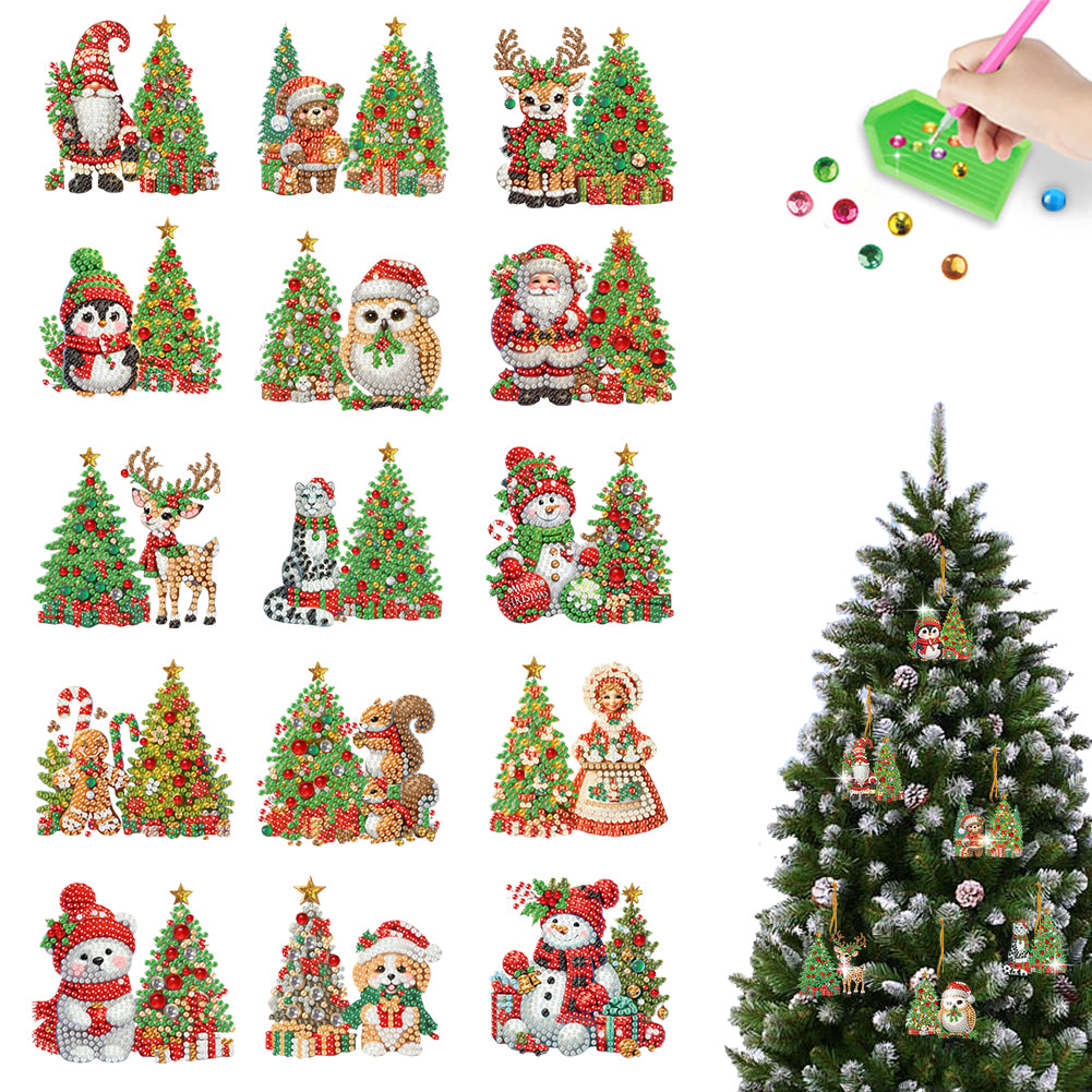 15pcs Xmas Christmas Tree Theme 2D Flat DIY Hanging Diamond Art Kits Home Decor