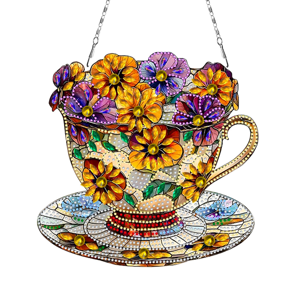2D Flat DIY Diamond Art Pendant Window Hanging Art Home Decor (Teacup Flower)