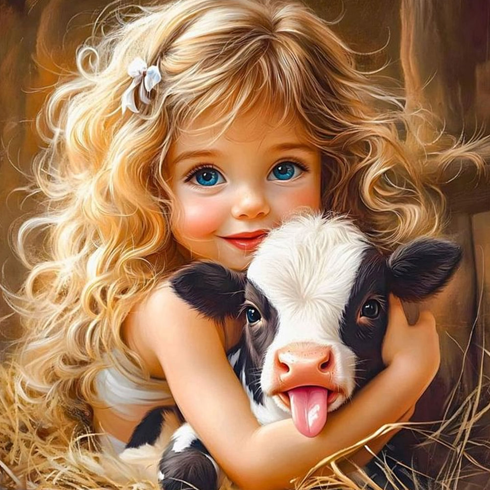Diamond Painting - Full Round - Girl And Cow (40*40CM)