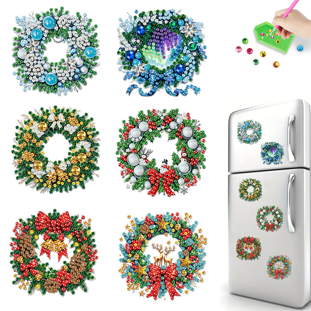 6PCS 2D Flat Wreath DIY Diamond Art Refrigerator Magnet Sticker for Home Decor Christmas